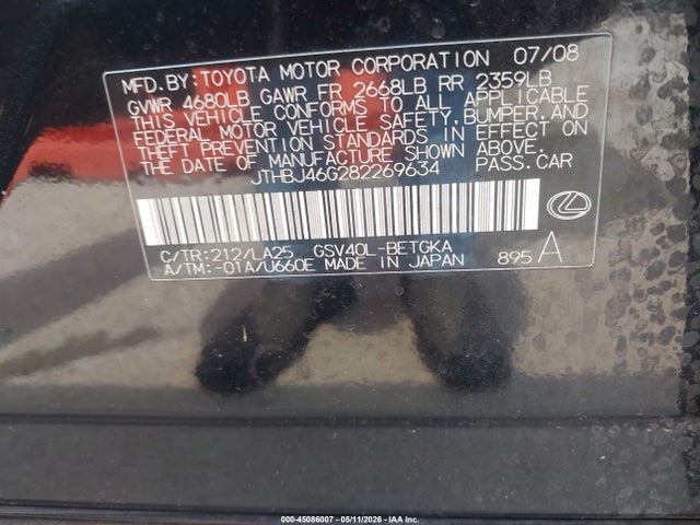 45086007 :رقم المزاد ، JTHBJ46G282269634 vin ، 2008 Lexus Es 350 مزاد بيع