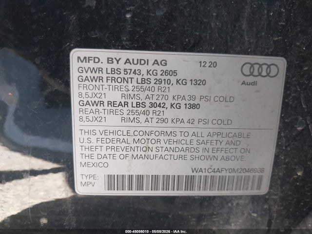 Продаж на аукціоні авто 2021 Audi Sq5 Prestige Tfsi Quattro Tiptronic, vin: WA1C4AFY0M2046968, номер лоту: 45086010