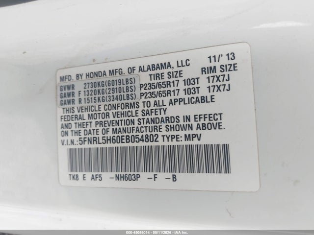 Продаж на аукціоні авто 2014 Honda Odyssey Ex-l, vin: 5FNRL5H60EB054802, номер лоту: 45086014