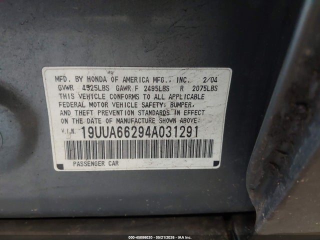 Aukcja sprzedaży 2004 Acura Tl, vin: 19UUA66294A031291, numer aukcji: 45086020