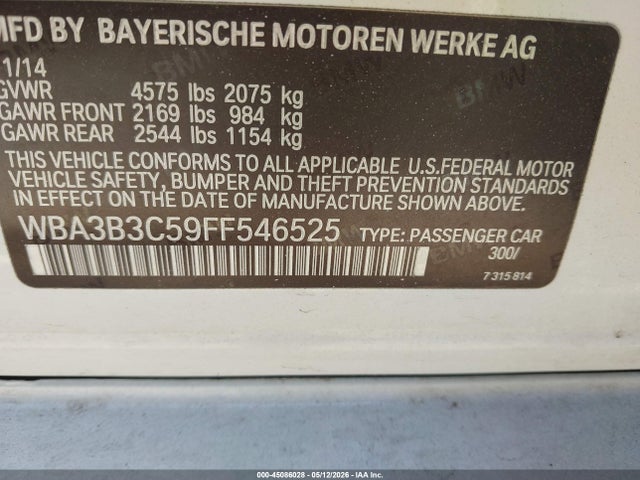 2015 Bmw 328i Xdrive მანქანა იყიდება აუქციონზე, vin: WBA3B3C59FF546525, აუქციონის ნომერი: 45086028