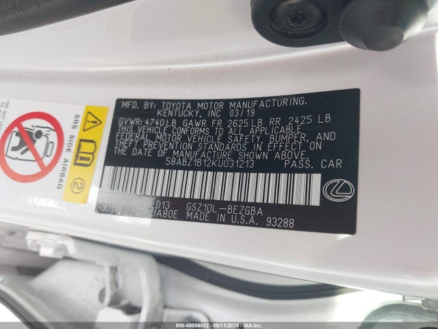 Aukcja sprzedaży 2019 Lexus Es 350, vin: 58ABZ1B12KU031213, numer aukcji: 45086032