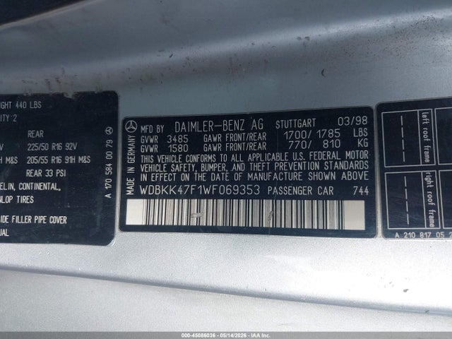 Aukcja sprzedaży 1998 Mercedes-benz Slk 230, vin: WDBKK47F1WF069353, numer aukcji: 45086036