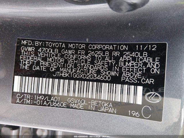 2013 Lexus Es 350 მანქანა იყიდება აუქციონზე, vin: JTHBK1GGXD2034600, აუქციონის ნომერი: 45086040
