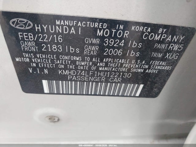Aukcja sprzedaży 2017 Hyundai Elantra Se, vin: KMHD74LF1HU122130, numer aukcji: 45086041
