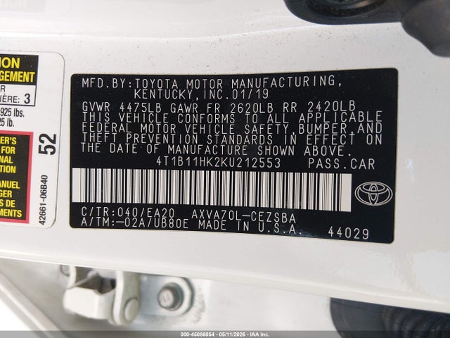 4T1B11HK2KU212553 Toyota CAMRY SE