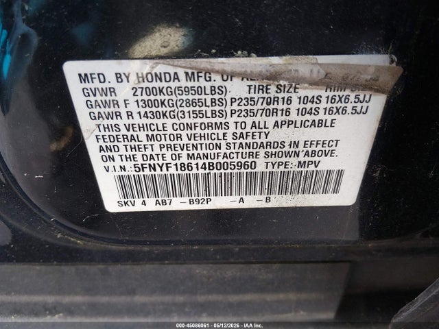 45086061 :رقم المزاد ، 5FNYF18614B005960 vin ، 2004 Honda Pilot Ex-l مزاد بيع