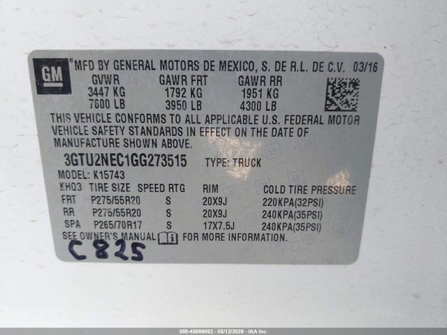 3GTU2NEC1GG273515 GMC Sierra 1500 Slt