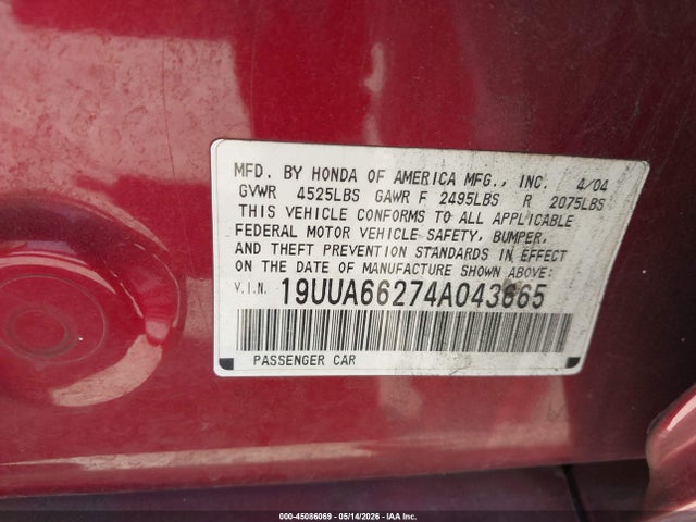 Продаж на аукціоні авто 2004 Acura Tl, vin: 19UUA66274A043665, номер лоту: 45086069