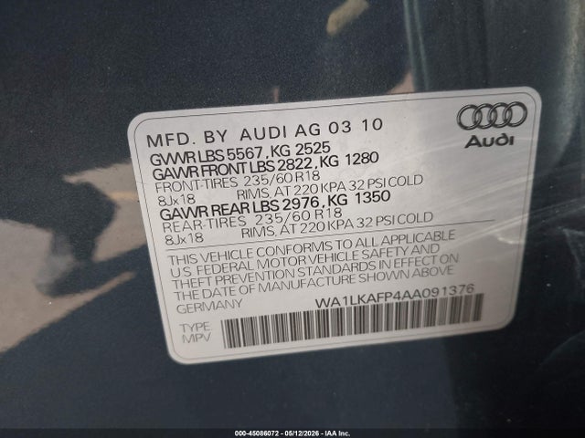 Продажа на аукционе авто 2010 Audi Q5 3.2 Premium, vin: WA1LKAFP4AA091376, номер лота: 45086072