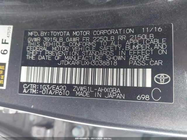 Продаж на аукціоні авто 2017 Toyota Prius Four, vin: JTDKARFUXH3038818, номер лоту: 45086073