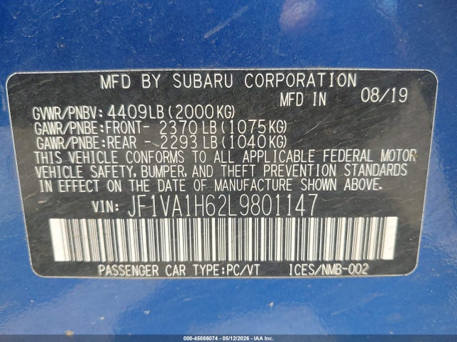 Auction sale of the 2020 Subaru Wrx Limited, vin: JF1VA1H62L9801147, lot number: 45086074