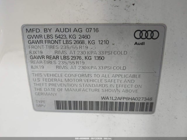 Продаж на аукціоні авто 2017 Audi Q5 2.0t Premium, vin: WA1L2AFP6HA027348, номер лоту: 45086089