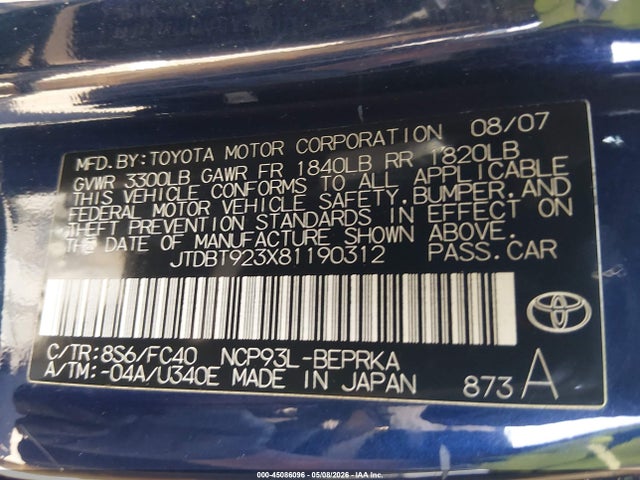 Продаж на аукціоні авто 2008 Toyota Yaris, vin: JTDBT923X81190312, номер лоту: 45086096