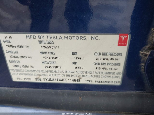 Aukcja sprzedaży 2015 Tesla Model S 85d/p85d, vin: 5YJSA1E44FF114648, numer aukcji: 45086100