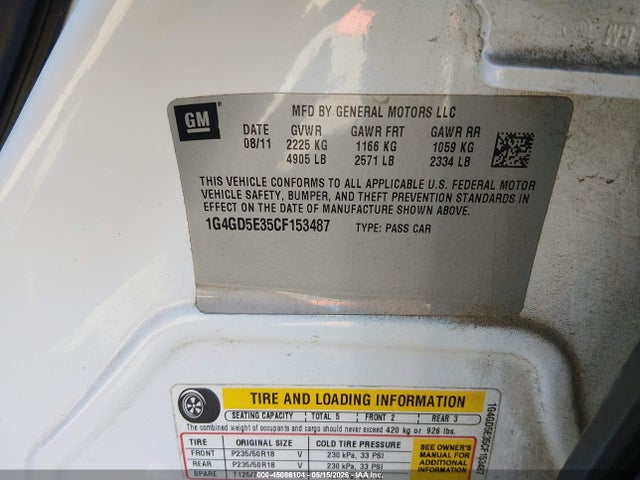 Aukcja sprzedaży 2012 Buick Lacrosse Premium 1 Group, vin: 1G4GD5E35CF153487, numer aukcji: 45086104