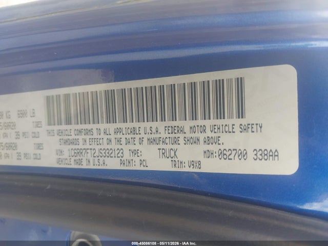 45086108 :رقم المزاد ، 1C6RR7FT2JS332123 vin ، 2018 Ram 1500 Express  4x4 6'4 Box مزاد بيع