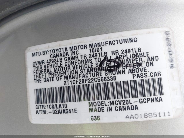 45086118 :رقم المزاد ، 2T1CF28P22C566338 vin ، 2002 Toyota Camry Solara Sle V6 مزاد بيع