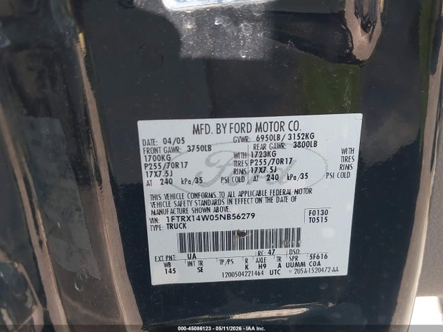 2005 Ford F-150 Stx/xl/xlt მანქანა იყიდება აუქციონზე, vin: 1FTRX14W05NB56279, აუქციონის ნომერი: 45086123