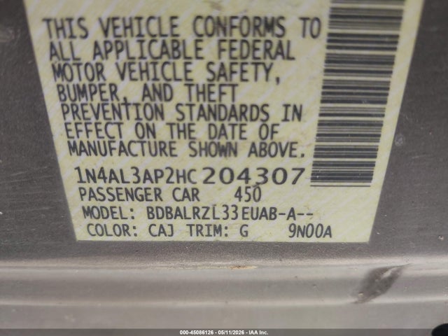 Продаж на аукціоні авто 2017 Nissan Altima 2.5 Sl, vin: 1N4AL3AP2HC204307, номер лоту: 45086126