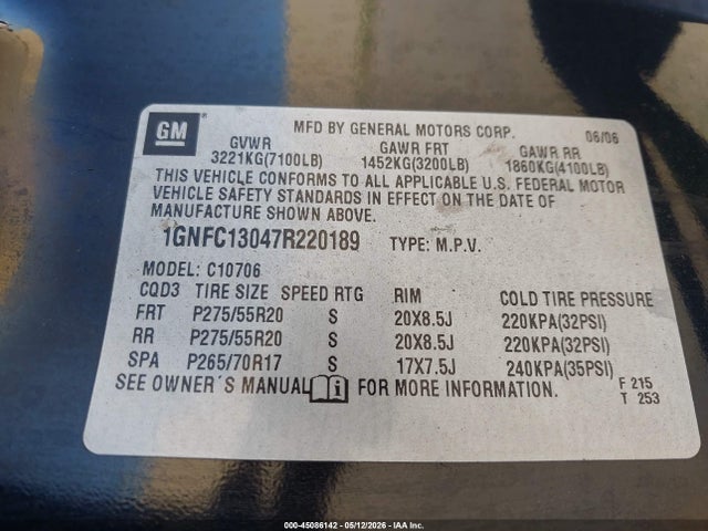 Aukcja sprzedaży 2007 Chevrolet Tahoe Lt, vin: 1GNFC13047R220189, numer aukcji: 45086142