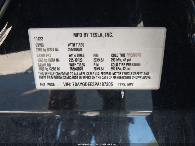 45086147 :رقم المزاد ، 7SAYGDEE3PA187305 vin ، 2023 Tesla Model Y Awd/long Range Dual Motor All-wheel Drive مزاد بيع