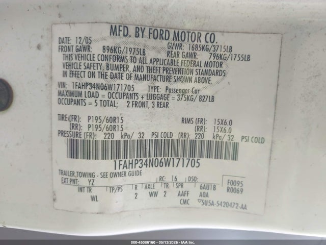 Aukcja sprzedaży 2006 Ford Focus Zx4, vin: 1FAHP34N06W171705, numer aukcji: 45086160