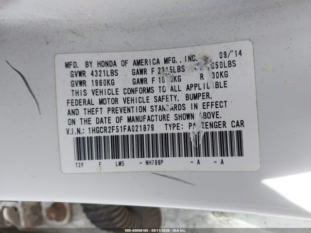45086165 :رقم المزاد ، 1HGCR2F51FA021879 vin ، 2015 Honda Accord Sport مزاد بيع