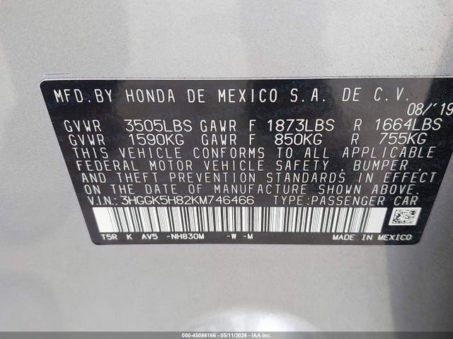 45086166 :رقم المزاد ، 3HGGK5H82KM746466 vin ، 2019 Honda Fit Ex مزاد بيع