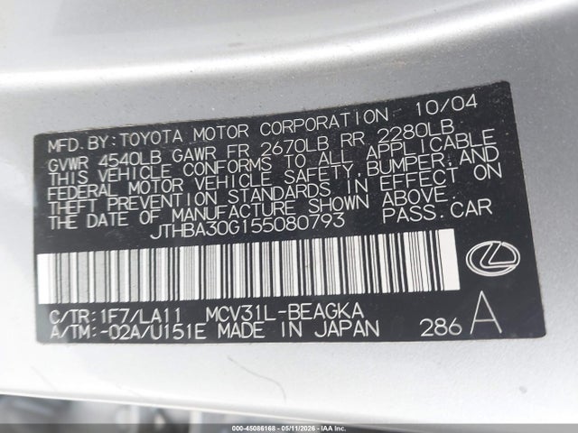 2005 Lexus Es 330 მანქანა იყიდება აუქციონზე, vin: JTHBA30G155080793, აუქციონის ნომერი: 45086168
