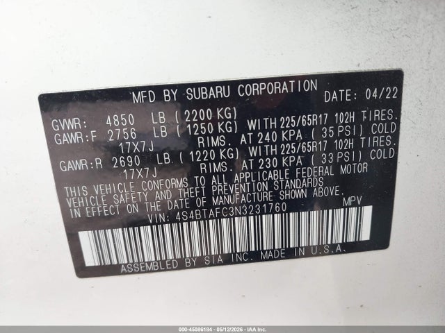 4S4BTAFC3N3231760 Subaru Outback Premium