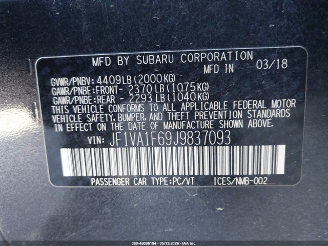 Aukcja sprzedaży 2018 Subaru Wrx Limited, vin: JF1VA1F69J9837093, numer aukcji: 45086194