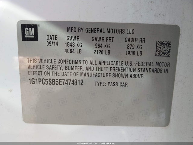 45086200 :رقم المزاد ، 1G1PC5SB5E7474812 vin ، 2014 Chevrolet Cruze 1lt Auto مزاد بيع