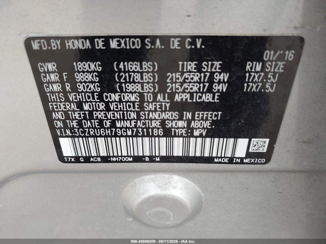 3CZRU6H79GM731186 Honda Hr-v Ex-l