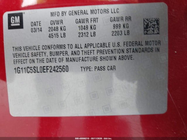 Продаж на аукціоні авто 2014 Chevrolet Malibu 1lt, vin: 1G11C5SL0EF242560, номер лоту: 45086210