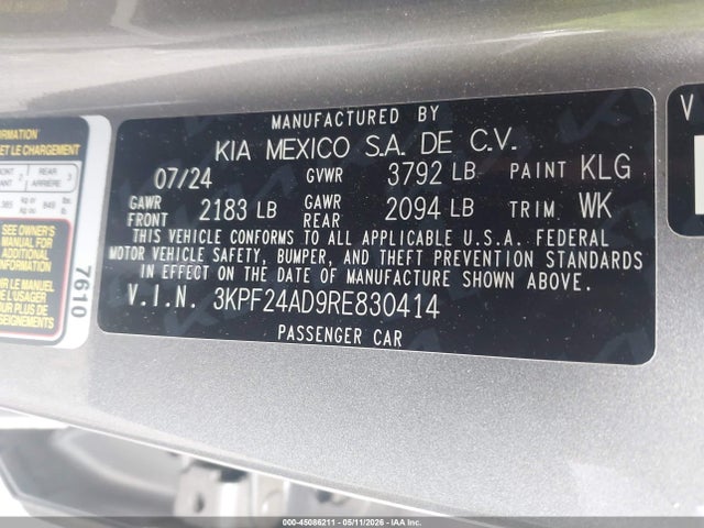 Aukcja sprzedaży 2024 Kia Forte Lxs, vin: 3KPF24AD9RE830414, numer aukcji: 45086211