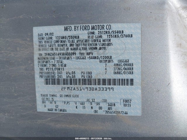 Продажа на аукционе авто 2003 Ford Windstar Lx, vin: 2FMZA51493BA33399, номер лота: 45086212