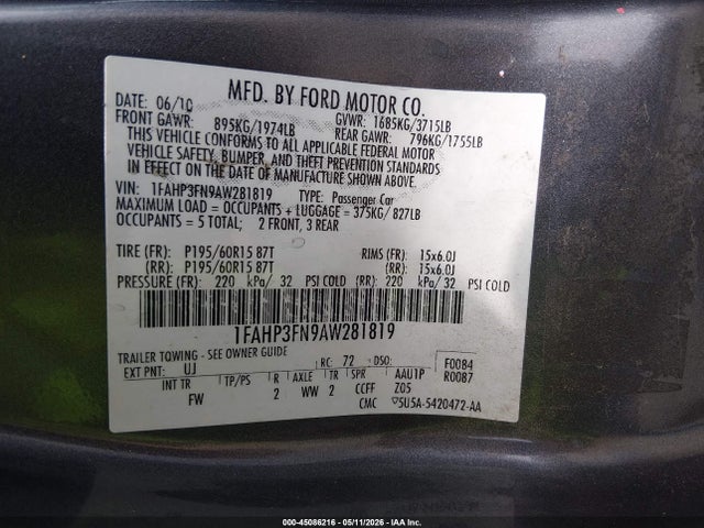 45086216 :رقم المزاد ، 1FAHP3FN9AW281819 vin ، 2010 Ford Focus Se مزاد بيع