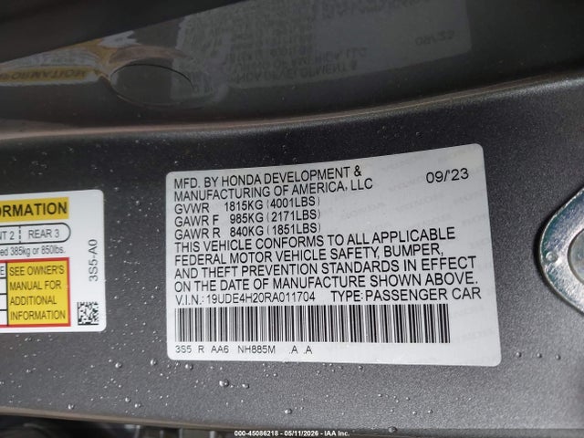 45086218 :رقم المزاد ، 19UDE4H20RA011704 vin ، 2024 Acura Integra مزاد بيع