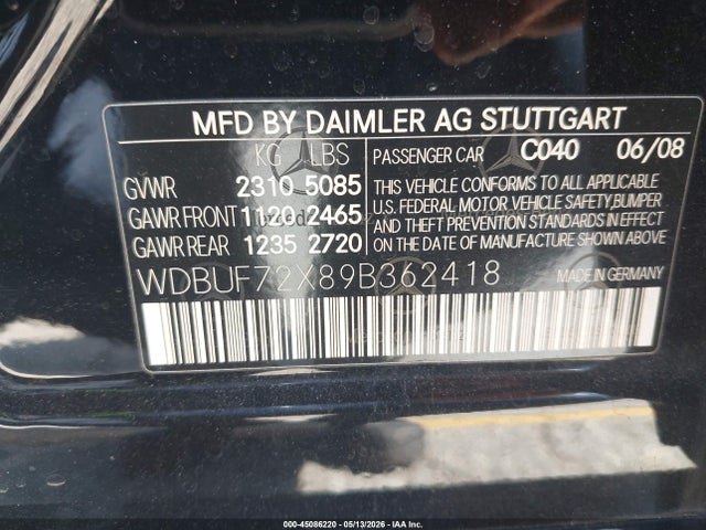 Aukcja sprzedaży 2009 Mercedes-benz E 550, vin: WDBUF72X89B362418, numer aukcji: 45086220