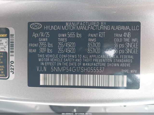 Aukcja sprzedaży 2025 Hyundai Santa Fe Hybrid Calligraphy, vin: 5NMP54G17SH055537, numer aukcji: 45086232
