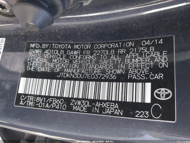 Aukcja sprzedaży 2014 Toyota Prius Three, vin: JTDKN3DU7E0372936, numer aukcji: 45086241