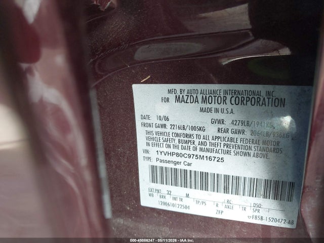 45086247 :رقم المزاد ، 1YVHP80C975M16725 vin ، 2007 Mazda Mazda6 I Sport Ve مزاد بيع