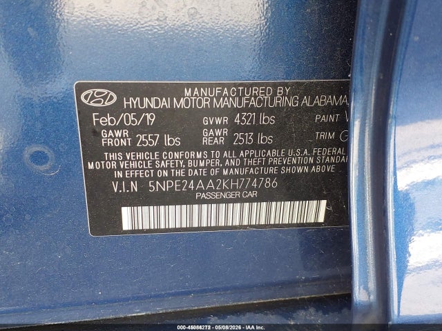 Aukcja sprzedaży 2019 Hyundai Sonata Eco, vin: 5NPE24AA2KH774786, numer aukcji: 45086272