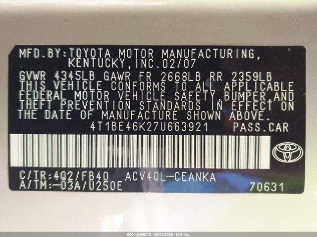 Продажа на аукционе авто 2007 Toyota Camry Le, vin: 4T1BE46K27U663921, номер лота: 45086275