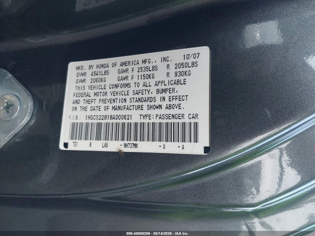 Aukcja sprzedaży 2008 Honda Accord 3.5 Ex-l, vin: 1HGCS22818A000621, numer aukcji: 45086286