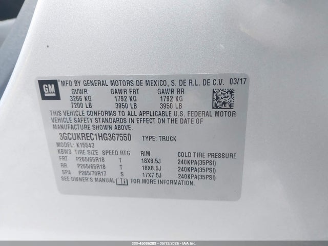 Aukcja sprzedaży 2017 Chevrolet Silverado 1500 2lt, vin: 3GCUKREC1HG367550, numer aukcji: 45086289