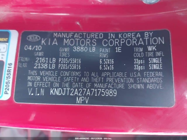 45086292 :رقم المزاد ، KNDJT2A27A7175989 vin ، 2010 Kia Soul + مزاد بيع