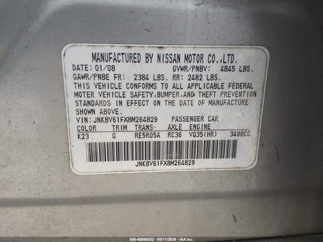 Aukcja sprzedaży 2008 Infiniti G35x, vin: JNKBV61FX8M264829, numer aukcji: 45086302