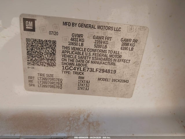 Продажа на аукционе авто 2020 Chevrolet Silverado 2500hd 4wd  Long Bed Wt, vin: 1GC4YLE73LF294819, номер лота: 45086309